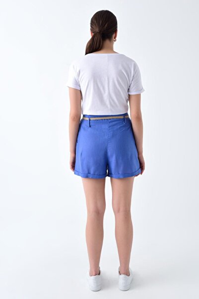 Cotton Mood 92210130 Linen Waist Folded Belted Shorts Indigo