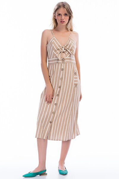 Cotton Mood 83012451 فستان كتان مخطط بتفاصيل ربط عند الصدر VIZON