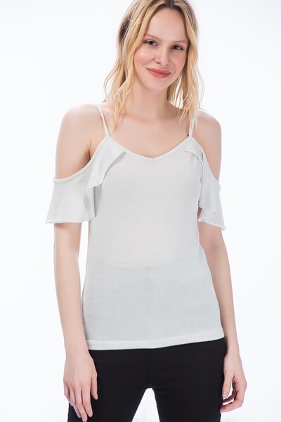 Cotton Mood 8192643 بلوزة فضية اللون بأكمام معلقة ورباط من السلك EKRU