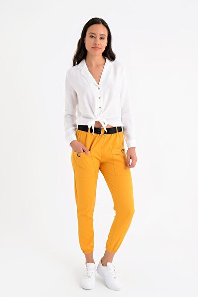 Cotton Mood 9152981 Buckle Leg Elastic Front Pocket Trousers Mustard