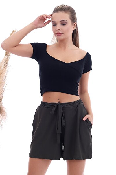 Cotton Mood 20064507 Knitted Crepe Pocketed Tied Waist Elasticated Shorts Khaki