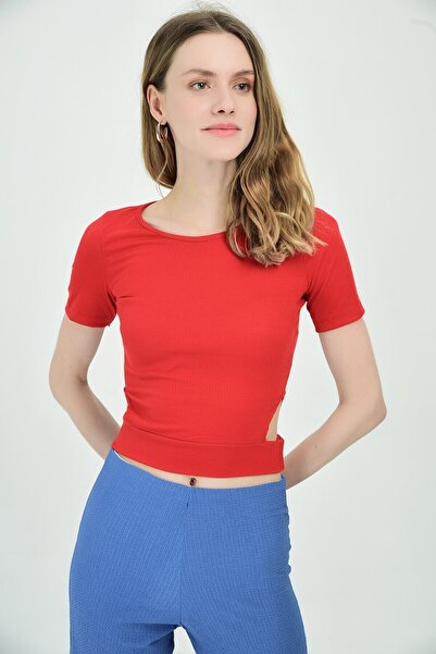 Cotton Mood 9092910 Ribbed Knit Open Sides Short Sleeve Blouse Red
