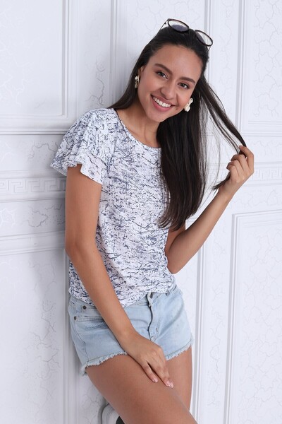 Cotton Mood 9333335 Single Jersey Patterned Layered Ruffled Short Sleeve Blou...