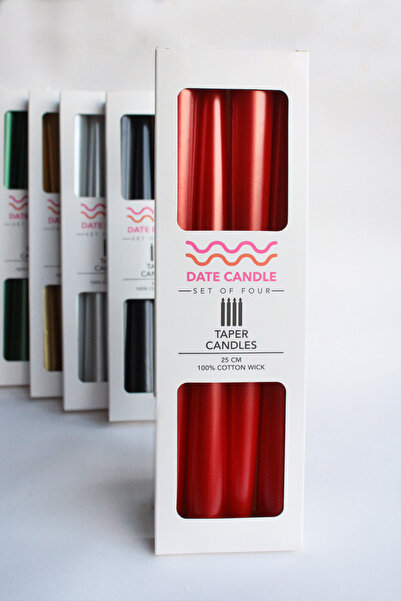 Date Candle Kırmızı Sedefli,  Metalik Renk 4'lü Konik Dekoratif Şamdan Mum - ...