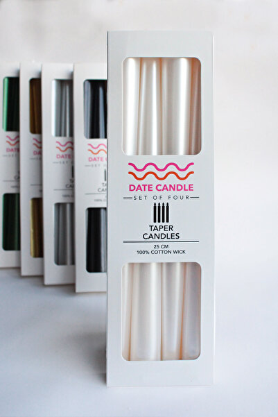 Date Candle Sedef İnci Metalik Renk 4'lü Konik Dekoratif Şamdan Mum - 4'lü