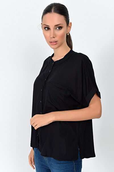 Cotton Mood 9363033 Vual Single Pocket Judge Collar Bat Sleeve Shirt Black