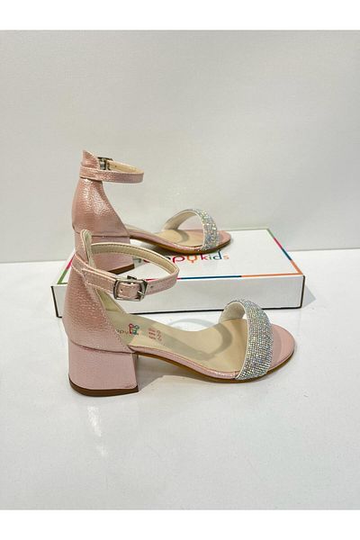 BUTİKHAPPYKİDS Girl's Evening Dress Shoes Powder Patent Leather Single Banded Rhinestone Graduation-Wedding Heeled Children's Evening Dress Shoes