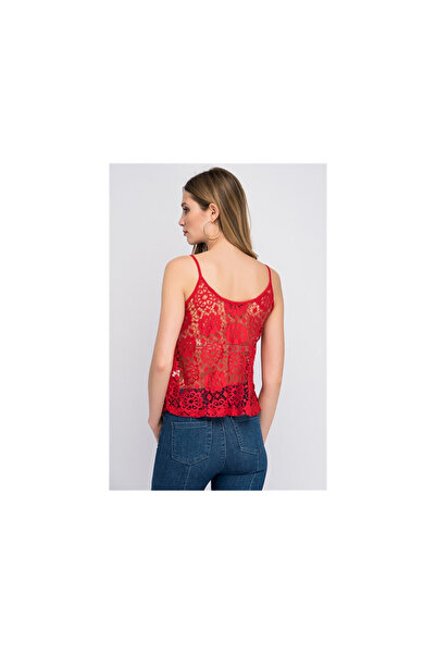 Cotton Mood 8114299 Lace Frontal Double Layered Strap Blouse Red