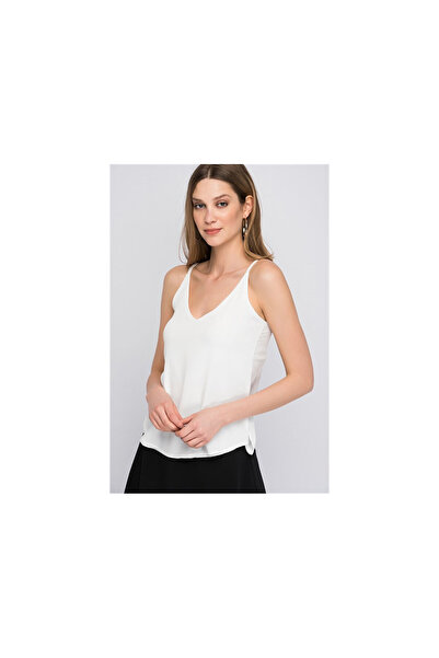 Cotton Mood 8121702 Kobe V Yaka İp Askılı Yırtmaçlı Kolsuz Bluz EKRU