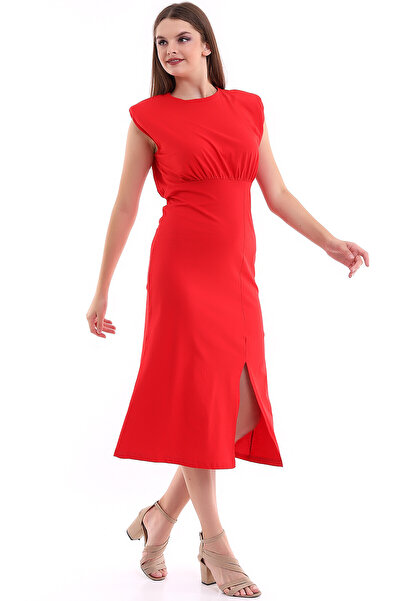 Cotton Mood 21333815 Gathered Bust Slit Short Sleeve Dress Red