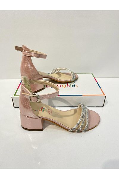 BUTİKHAPPYKİDS Girl's Evening Dress Shoes Powder Stone 3 Banded Graduation-Wedding Heeled Girl's Evening Dress Shoes