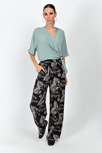 Cotton Mood 9363131 Dok.Viskon Leaf Pattern Elastic Waist Pocket Trousers Black