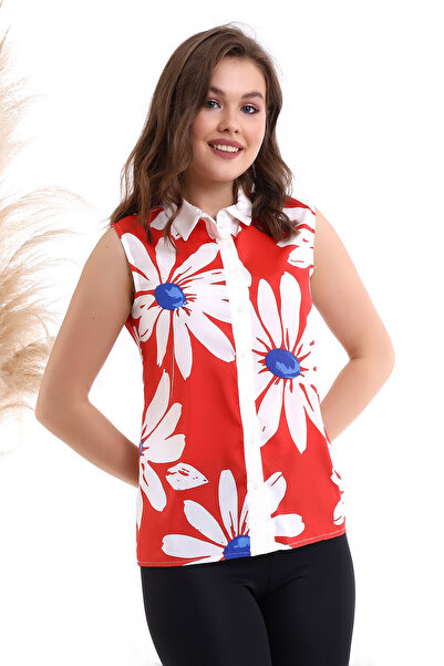 Cotton Mood 22484863 Crepe Floral Patterned Sleeveless Shirt Coral Ecru