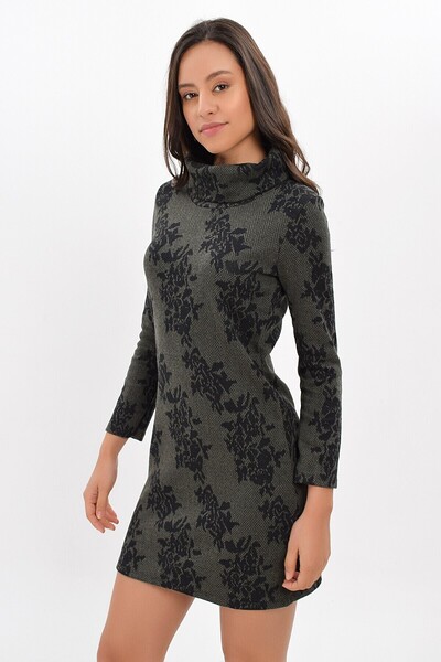 Cotton Mood 94271091 Herringbone Large Rose Dsn. Degaje Collar Long Sleeve Dress Khaki