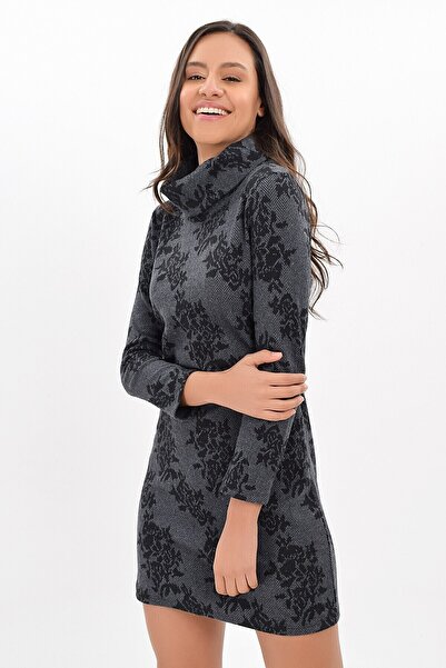 Cotton Mood 94271091 Herringbone Large Rose Dsn. Degaje Collar Long Sleeve Dress Fume