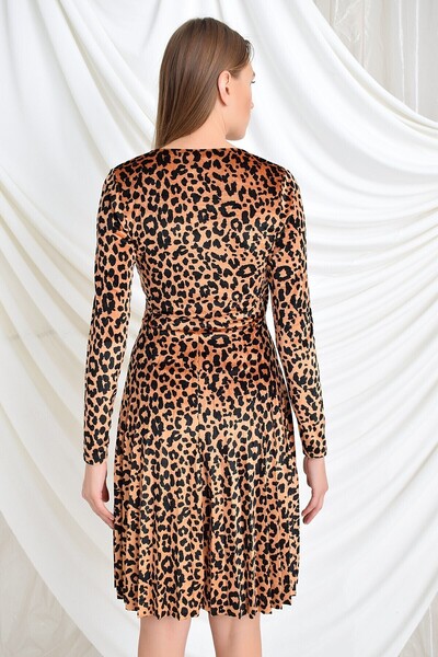 Cotton Mood 9391731 Velvet Des. Double-Breasted Yak Skirt with Pleated Hem. Sleeve Dress Leopard