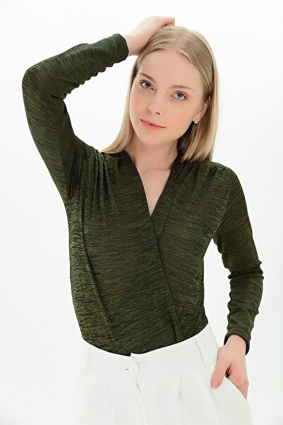 Cotton Mood 9111440 Flamlı Double-Breasted Long Sleeve Bodysuit Blouse Khaki