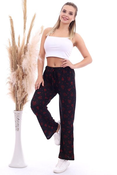 cottonmood 20070786 Knitted Crepe Elastic Waist Wide Leg Pants Black Red