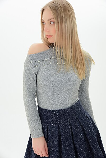 Cotton Mood 9100936 Yumoş One-Shoulder Open Pearl Blouse Gray