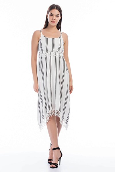 Cotton Mood 8280667 Şile Bezi Çizgi Desenli Çapraz Askılı Elbise Ekru Sıyah