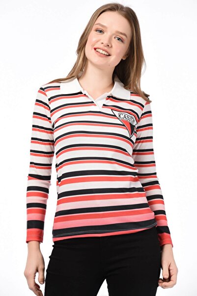 Cotton Mood 8515150 Digital Printed Polo Neck Long Sleeve Blouse Ecru-Coral