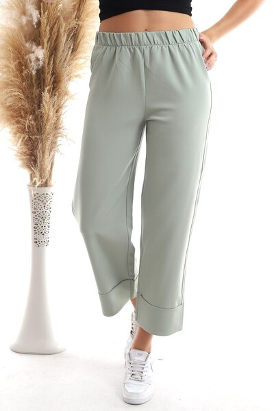 Cotton Mood 20343275 Azra Elastic Waist Double Leg Trousers Cagla Green