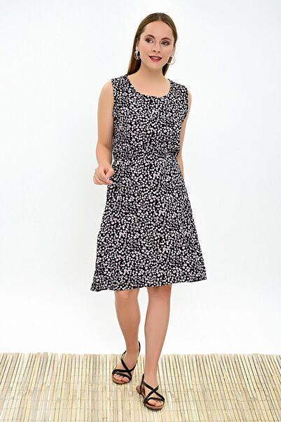 Cotton Mood 9315020 Dok.Viskon Patterned Pocket Sleeveless Dress Black Flower...