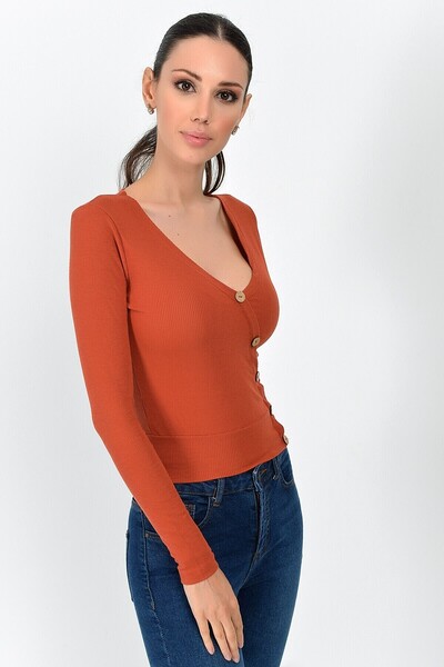 Cotton Mood 9092935 Ribbed Knit Double-Breasted Buttoned Long Sleeve Blouse Tile