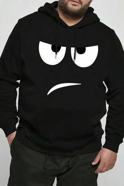 FECCY Hanorac negru oversize cu glugă - din bumbac, cu imprimeu frontal pe față