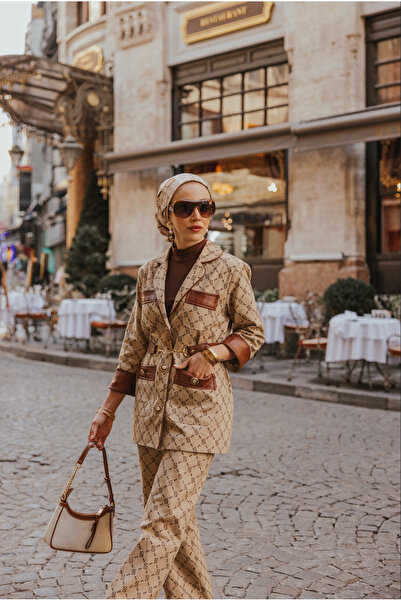 Rabel Collection Royal Desenli Deri Tesettür İkili Takım Kemerli Ceket Pantolon