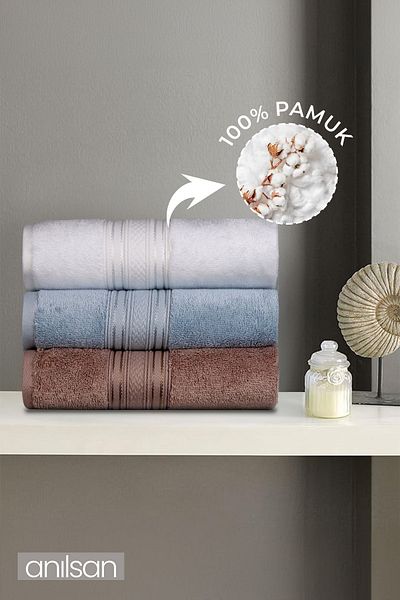 Anılsan Set of 3 Super Soft Bordered Hand Towels - 50X90 Cm, 250 Gr, 100% Cotton, Spa and Hotel Towels