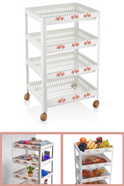 Flosoft Nostalji 4 Katlı Tekerlekli Sebzelik, Vintage Mutfak Banyo Standı, Ço...