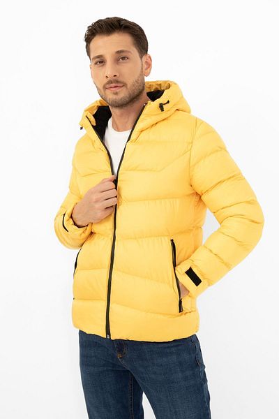 Firststops Men's Yellow Puffer Jacket - Fleece, Hooded, Waterproof and Wind Resistant