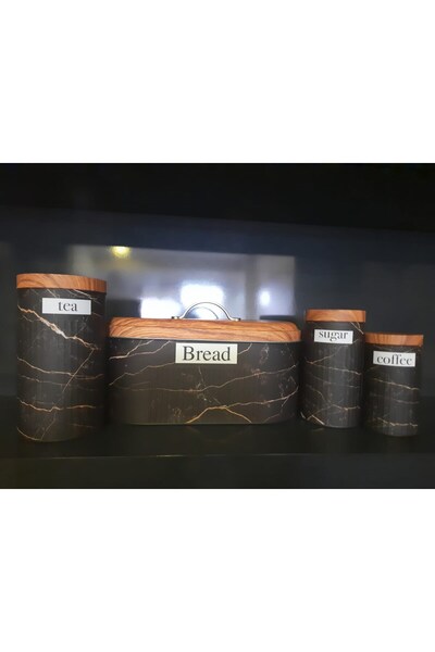 teknoistanbul Bambu Kapak Görünümlü Mermer Desenli Metal Ekmeklik Ve 3'lü Kav...