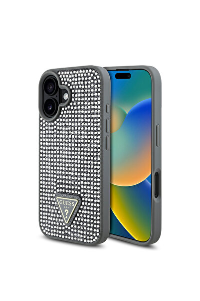 Guess iPhone 16 uyumlu Kılıf Guess Lisanslı Üçgen Logolu Taşlı Kapak Gümüş