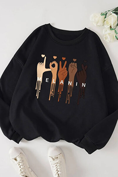 Wish BF Melanin Bayrağı Kartallı Baskılı Bisiklet Yaka Sweatshirt