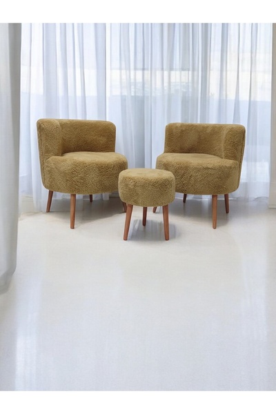 Edam Açık Kahverengi Çay Seti İkili Koltuk Berjer ve Puf Takımı (Salon, Balko...