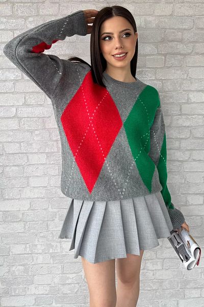 GÜLSELİ Pulover de damă cu model gri, cu decolteu triplu