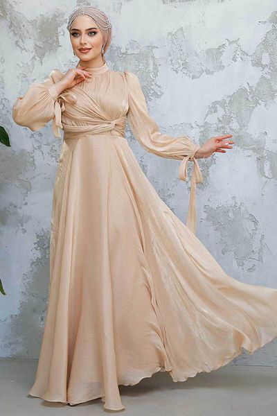 Neva Style Drape Detailed Biscuit Hijab Evening Dress 4823Bs