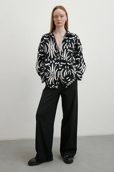 Never more Black Crepe Shirt - Contrast Ethnic Pattern