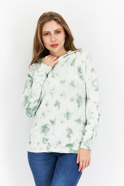 Weatherproof Women Tie Dye Printed Long Sleeve Hooded Sweater, Green