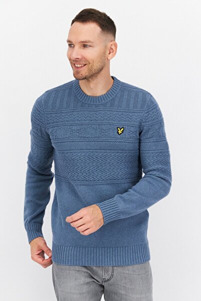 Lyle & Scott سترة رجالية بشعار مطرز بأكمام طويلة وياقة دائرية، لون أزرق داكن