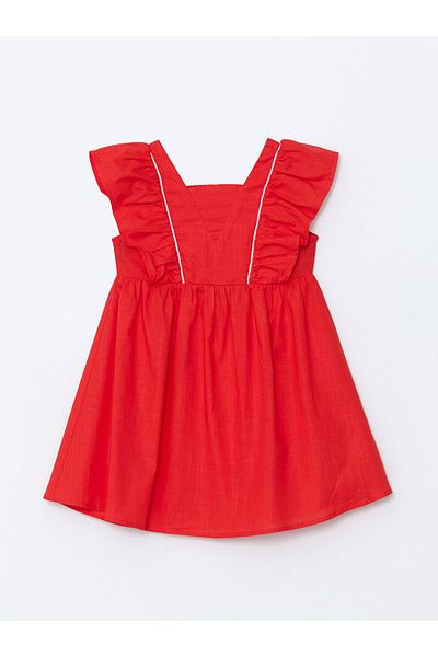 LC Waikiki Lcw Kids Red Square Neck Linen Girl's Dress