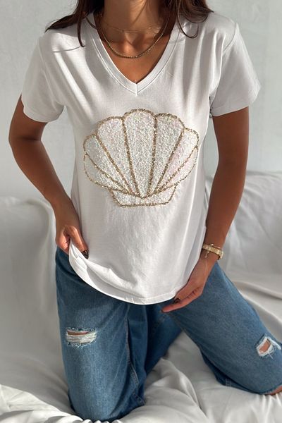 FEMELLE Tricou de damă, alb, cu decolteu în V, 100% bumbac, cu paiete brodat