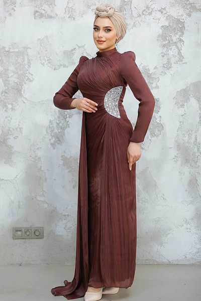 Neva Style - Brown Hijab Evening Dress with Drape Detail 4919Kh