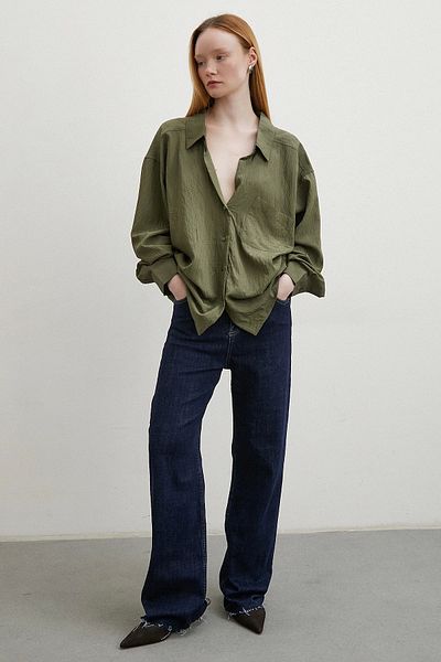 Never more Khaki Color Thin Striped Oversize Shirt