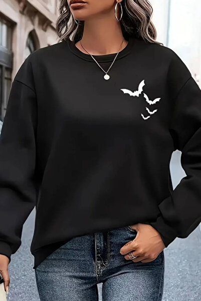 Wish BF UNISEX Siyah Yarasalar Baskılı Bisiklet Yaka Oversize Sweatshirt