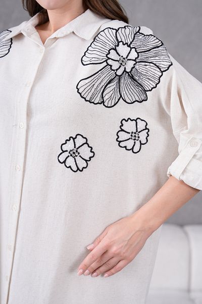 MVStore Women's Floral Patterned Embroidery Embroidered Linen Oversize Standard Size Shirt