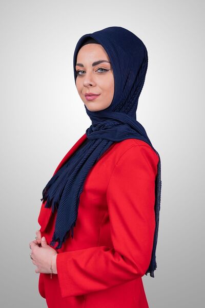 Şalcenneti.com Șal practic plisat, gata de purtat, culoare albastru închis organic, model buretat