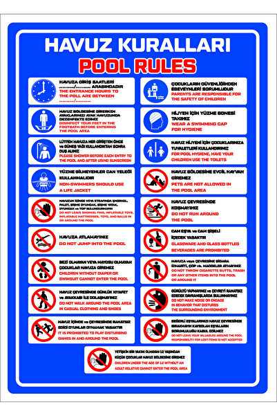 Printhome Uyarı Yönlendirme Levhaları " Havuz Kuralları Pool Rules " 60x78 cm...